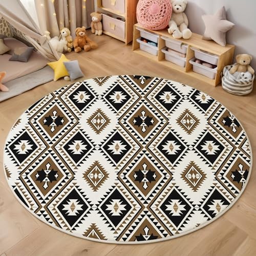 ZISTRCBAO Diamantgeometrie Kurzflor Teppich Rund, Retro-Boho Wohnzimmerteppich, Braun Runder Teppich 160cm Round Eingangsbereich Waschbar Weich for Wohnzimmer Schlafzimmer Studie Heimbüro von ZISTRCBAO