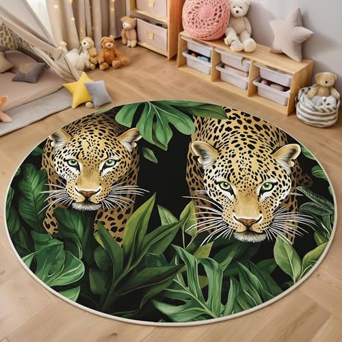 ZISTRCBAO Dschungelleopard Rund Teppich Kurzflor, Tropische Pflanzen Tiere Ultradünner Waschbarer Runder Teppich Für Den Innen Und Außenbereich Schlafzimmer Wohnzimmer Terrasse Garten 60cm, Braun von ZISTRCBAO