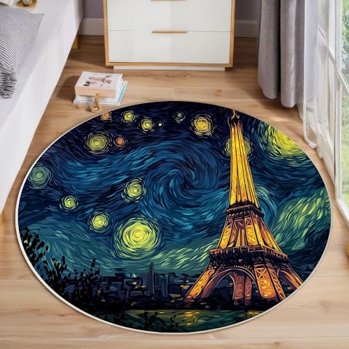 ZISTRCBAO Eiffelturm Sternenhimmel Runder Teppich, Retro-Fantasie Runde Teppiche, Weich Waschbar rutschfest Wohnzimmer Schlafzimmer Nachttisch Restaurant Korridor Fußmatte Teppiche (80cm, Dunkelblau) von ZISTRCBAO