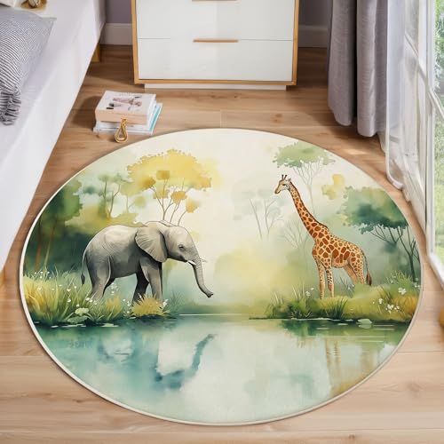 ZISTRCBAO Elefant Giraffe Kurzflor Teppich Rund, Aquarell Tiere Wohnzimmerteppich, Grün Runder Teppich 80cm Round Eingangsbereich Waschbar Weich for Wohnzimmer Schlafzimmer Studie Heimbüro von ZISTRCBAO