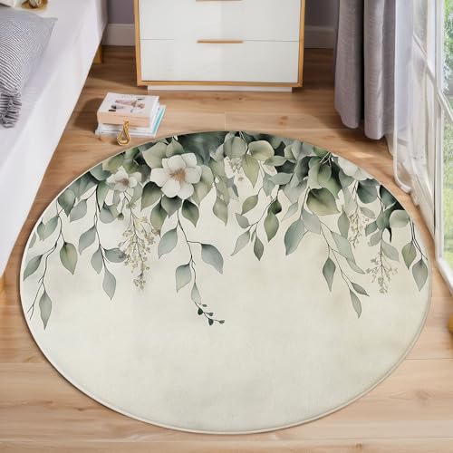 ZISTRCBAO Eukalyptusblätter Blumen Rund Bereich Teppich 120cm, Aquarellpflanzen Weich Teppich Rund, Waschbar rutschfest Wohnzimmer Teppiche Für Schlafzimmer Terrasse Garten Küchen, Dunkelgrün von ZISTRCBAO