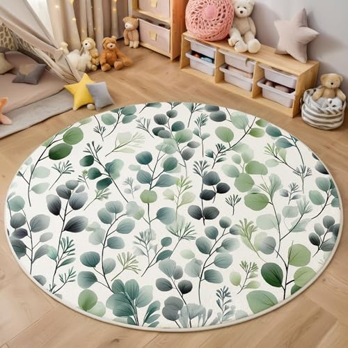 ZISTRCBAO Eukalyptusblätter Kurzflor Teppich Rund, Aquarellpflanzen Wohnzimmerteppich, Grün Runder Teppich 80cm Round Eingangsbereich Waschbar Weich for Wohnzimmer Schlafzimmer Studie Heimbüro von ZISTRCBAO