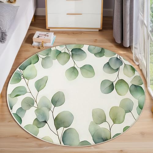 ZISTRCBAO Eukalyptusblätter Runder Teppich, Aquarell Im Boho-Stil Runde, Weich Waschbar rutschfest Wohnzimmer Schlafzimmer Nachttisch Restaurant Korridor Fußmatte (80cm, Grün) von ZISTRCBAO