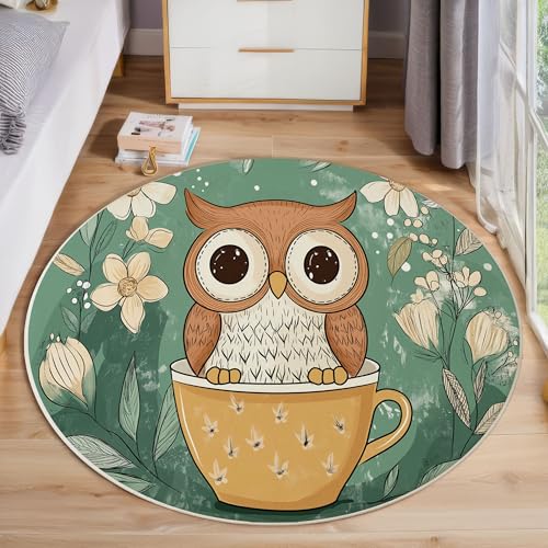 ZISTRCBAO Eule Sitzt Auf Kaffeetasse Rund Bereich Teppich 120cm, Cartoon-Tier Weich Teppich Rund, Waschbar rutschfest Wohnzimmer Teppiche Für Schlafzimmer Terrasse Garten Küchen, Grün von ZISTRCBAO