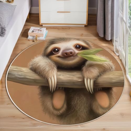 ZISTRCBAO Faultier rutschfest Runder Teppich 80cm, Cartoon-Tier Runder Teppich Wohnzimmer, Hellbraun Dekoration Teppiche Weich Waschbar Für Zuhause Bodenmatte Schlafzimmer Dekorativer Teppiche von ZISTRCBAO