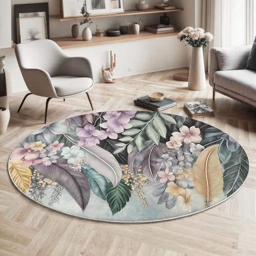ZISTRCBAO Feder Blumen rutschfest Runder Teppich 120cm, Retro Boho Runder Teppich Wohnzimmer, Rosa Dekoration Teppiche Weich Waschbar Für Zuhause Bodenmatte Schlafzimmer Dekorativer Teppiche von ZISTRCBAO