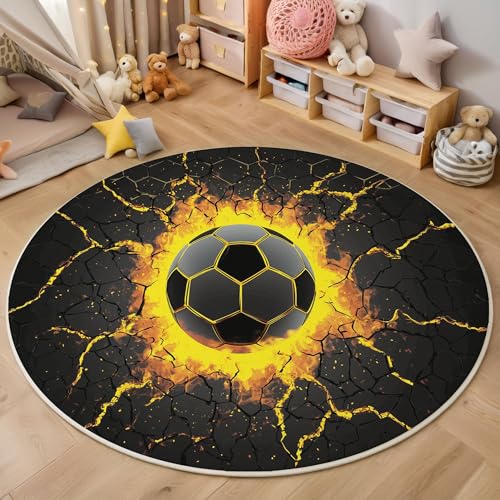 ZISTRCBAO Flammenfußball Kurzflor Teppich Rund, Sportthema Wohnzimmerteppich, Gelb Runder Teppich 80cm Round Eingangsbereich Waschbar Weich for Wohnzimmer Schlafzimmer Studie Heimbüro von ZISTRCBAO