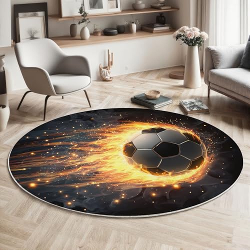 ZISTRCBAO Flammenfußball rutschfest Runder Teppich 160cm, Sportthema Runder Teppich Wohnzimmer, Orange Dekoration Teppiche Weich Waschbar Für Zuhause Bodenmatte Schlafzimmer Dekorativer Teppiche von ZISTRCBAO