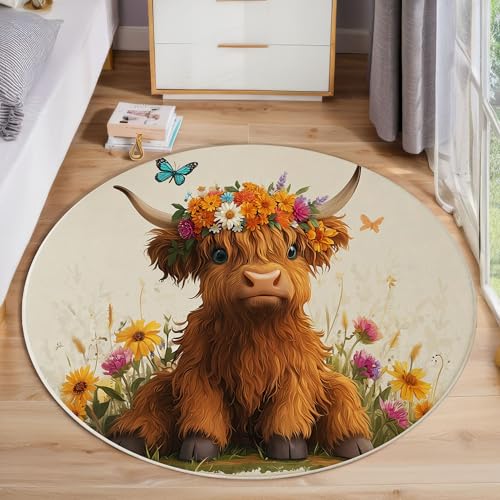ZISTRCBAO Florales Hochlandrind Teppich Rund 60cm, Süße Tiere Kurzflor Teppich Rund, Anti-Rutsch Unterseite Weich Kreisteppich Für Wohnzimmer, Schlafzimmer, Büro, Braun von ZISTRCBAO