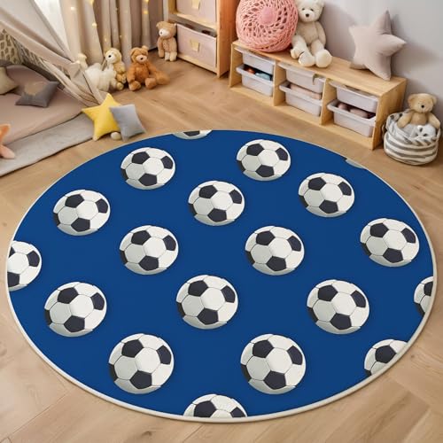 ZISTRCBAO Fußball rutschfest Runder Teppich 120cm, Modern Einfach Runder Teppich Wohnzimmer, Blau Dekoration Teppiche Weich Waschbar Für Zuhause Bodenmatte Schlafzimmer Dekorativer Teppiche von ZISTRCBAO