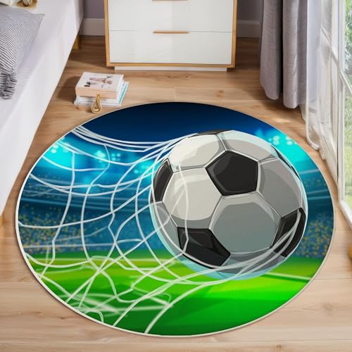 ZISTRCBAO Fußballtor Kurzflor Teppich Rund, Sportthema Wohnzimmerteppich, Grün Runder Teppich 160cm Round Eingangsbereich Waschbar Weich for Wohnzimmer Schlafzimmer Studie Heimbüro von ZISTRCBAO