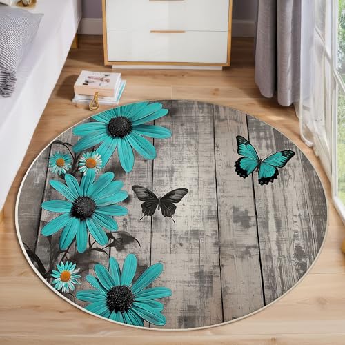 ZISTRCBAO Gänseblümchen-Schmetterling Kurzflor Teppich Rund, Vintage Holzmaserung Teppich Runder 80cm, Cyan Kreis Eingangsteppich Maschine Waschbarer Teppiche Für Wohnzimmer Schlafzimmer Küchenakzent von ZISTRCBAO