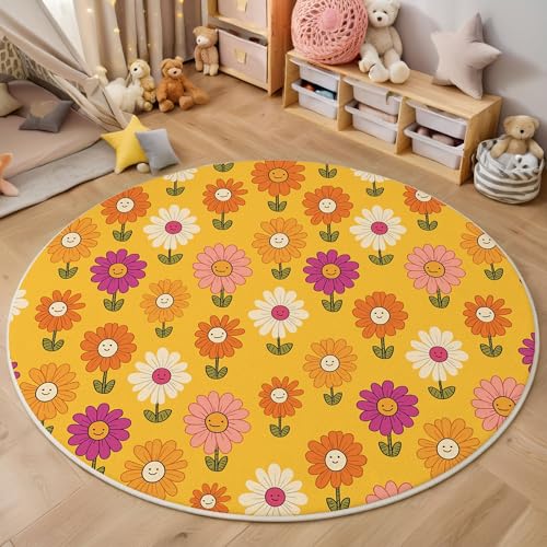 ZISTRCBAO Gelb Geblümt rutschfest Runder Teppich 60cm, Süßer Cartoon Runder Teppich Wohnzimmer, Gelb Dekoration Teppiche Weich Waschbar Für Zuhause Bodenmatte Schlafzimmer Dekorativer Teppiche von ZISTRCBAO