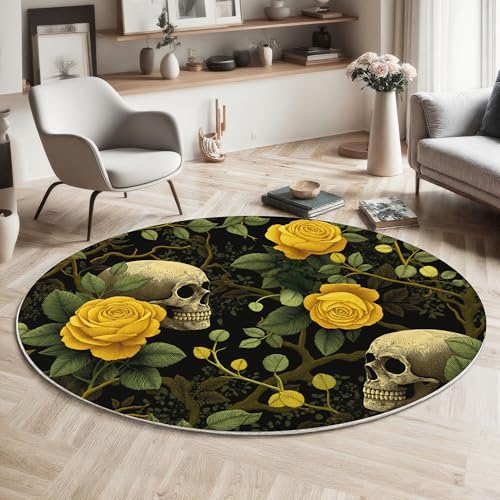 ZISTRCBAO Gelber Rosenschädel rutschfest Runder Teppich 100cm, Retro-Gothic Runder Teppich Wohnzimmer, Gelb Dekoration Teppiche Weich Waschbar Für Zuhause Bodenmatte Schlafzimmer Dekorativer Teppiche ZISTRCBAO Gelber Rosenschädel rutschfest Runder Teppich 100cm, Retro-Gothic Runder Teppich Wohnzimmer, Gelb Dekoration Teppiche Weich Waschbar Für Zuhause Bodenmatte Schlafzimmer Dekorativer Teppiche von ZISTRCBAO