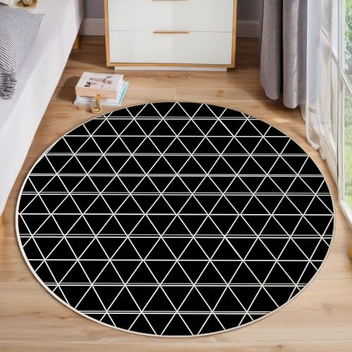 ZISTRCBAO Gestreifte Geometrie Teppich Für Wohnzimmer Rund, Moderne Schlichtheit Waschbarer Runder Teppich, Schwarz Ultradünner Niederflor-Teppiche Für Wohnzimmer Couchtisch Küche, 160cm von ZISTRCBAO