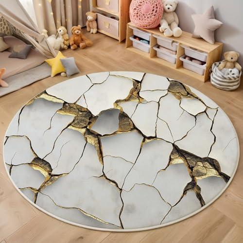 ZISTRCBAO Gold Risse Auf Weißer Wand Runder Teppich, Moderne Kunst Runde, Weich Waschbar rutschfest Wohnzimmer Schlafzimmer Nachttisch Restaurant Korridor Fußmatte (180cm, Weiß) von ZISTRCBAO