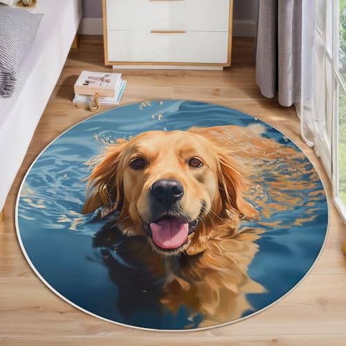 ZISTRCBAO Golden Retriever Runder Teppich, Aquarell Tiere Runde, Weich Waschbar rutschfest Wohnzimmer Schlafzimmer Nachttisch Restaurant Korridor Fußmatte (100cm, Braun) von ZISTRCBAO