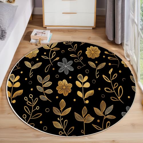 ZISTRCBAO Goldene Blumen Runder Teppich, Modern Einfach Runde Teppiche, Weich Waschbar rutschfest Wohnzimmer Schlafzimmer Nachttisch Restaurant Korridor Fußmatte Teppiche (120cm, Gold) von ZISTRCBAO