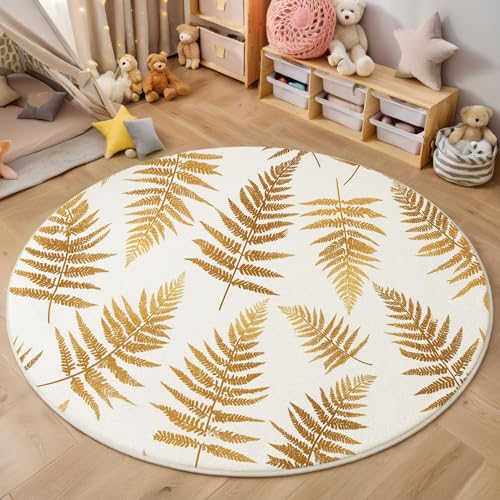 ZISTRCBAO Goldene Farnblätter rutschfest Runder Teppich 100cm, Minimalismus Runder Teppich Wohnzimmer, Gold Dekoration Teppiche Weich Waschbar Für Zuhause Bodenmatte Schlafzimmer Dekorativer Teppiche von ZISTRCBAO