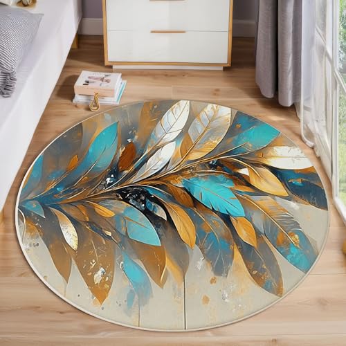 ZISTRCBAO Goldene Federn Runder Teppich, Retro Boho Runde, Weich Waschbar rutschfest Wohnzimmer Schlafzimmer Nachttisch Restaurant Korridor Fußmatte (160cm, Blaugrün) von ZISTRCBAO