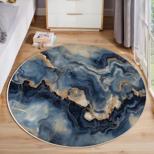 ZISTRCBAO Goldener Blauer Marmor Runder Teppich, Moderner Luxus Runde, Weich Waschbar rutschfest Wohnzimmer Schlafzimmer Nachttisch Restaurant Korridor Fußmatte (100cm, Blau) von ZISTRCBAO