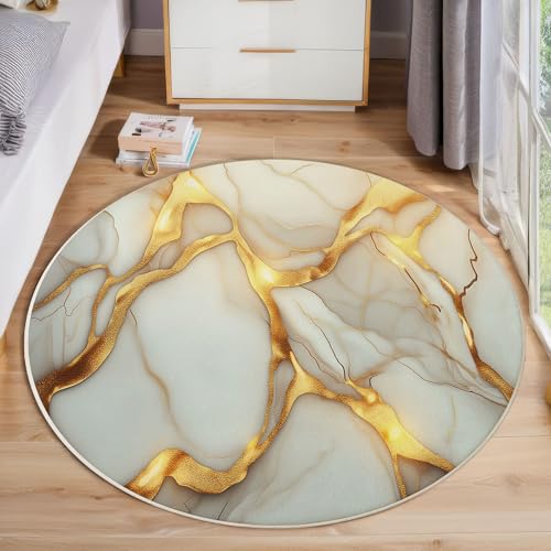 ZISTRCBAO Goldener Weißer Marmor Rund Teppich Kurzflor, Modernes Design Ultradünner Waschbarer Runder Teppich Für Den Innen Und Außenbereich Schlafzimmer Wohnzimmer Terrasse Garten 160cm, Weiß von ZISTRCBAO