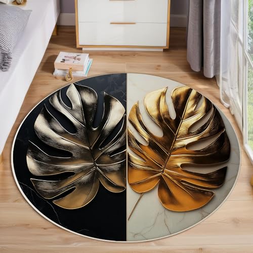 ZISTRCBAO Goldenes Palmblatt rutschfest Runder Teppich 80cm, Moderner Luxus Runder Teppich Wohnzimmer, Gold Dekoration Teppiche Weich Waschbar Für Zuhause Bodenmatte Schlafzimmer Dekorativer Teppiche von ZISTRCBAO