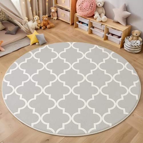 ZISTRCBAO Graue Geometrie Kurzflor Teppich Rund, Retro-Eleganz Wohnzimmerteppich, Hellgrau Runder Teppich 160cm Round Eingangsbereich Waschbar Weich for Wohnzimmer Schlafzimmer Studie Heimbüro von ZISTRCBAO