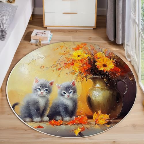 ZISTRCBAO Graue Katze Mit Blumenmuster rutschfest Runder Teppich 160cm, Aquarell-Ölgemälde Runder Teppich Wohnzimmer, Orange DekorationWeich Waschbar Für Zuhause Bodenmatte Schlafzimmer Dekorativer von ZISTRCBAO