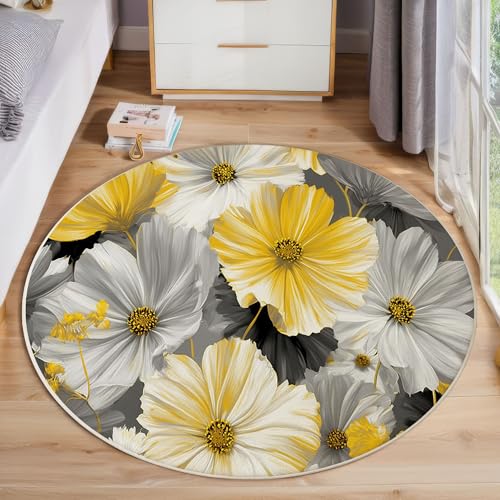 ZISTRCBAO Graues Gänseblümchen Runder Teppich, Vintage Blumen Runde Teppiche, Weich Waschbar rutschfest Wohnzimmer Schlafzimmer Nachttisch Restaurant Korridor Fußmatte Teppiche (120cm, Gelb) von ZISTRCBAO