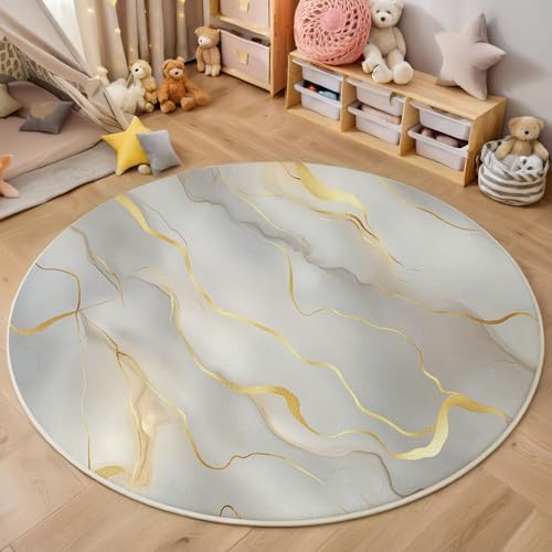 ZISTRCBAO Graugoldener Marmor Teppich Für Wohnzimmer Rund, Aquarellwirbel Waschbarer Runder Teppich, Hellgrau Ultradünner Niederflor-Teppiche Für Wohnzimmer Couchtisch Küche, 160cm von ZISTRCBAO