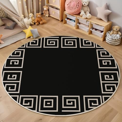 ZISTRCBAO Griechischer Schlüssel Runder Teppich, Retro Simple Runde Teppiche, Weich Waschbar rutschfest Wohnzimmer Schlafzimmer Nachttisch Restaurant Korridor Fußmatte Teppiche (60cm, Schwarz) von ZISTRCBAO