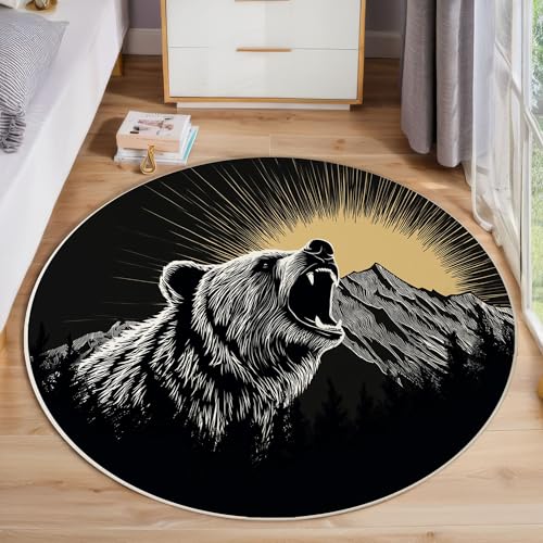 ZISTRCBAO Grizzly Sun Teppich Für Wohnzimmer Rund, Aquarell Tiere Waschbarer Runder Teppich, Schwarz Weiß Ultradünner Niederflor-Teppiche Für Wohnzimmer Couchtisch Küche, 60cm von ZISTRCBAO