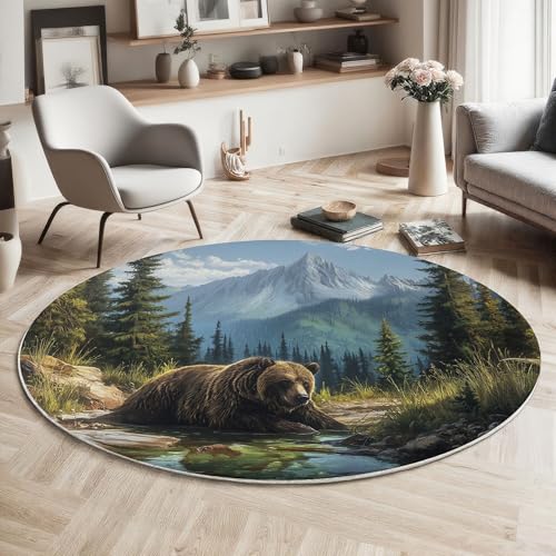 ZISTRCBAO Grizzly-Wald rutschfest Runder Teppich 80cm, Aquarell Tiere Runder Teppich Wohnzimmer, Mehrfarbig Dekoration Teppiche Weich Waschbar Für Zuhause Bodenmatte Schlafzimmer Dekorativer Teppiche von ZISTRCBAO