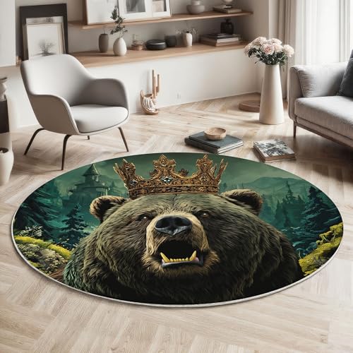 ZISTRCBAO Grizzlybär Tiere Rund Teppich, Fantasy-Kunst Waschbarer Wohnzimmer Sofa Teppich Kurzflor Couchtischmatte, Braun Rund 80cm Teppiche Für Schlafzimmer Esszimmer Küche Innen von ZISTRCBAO
