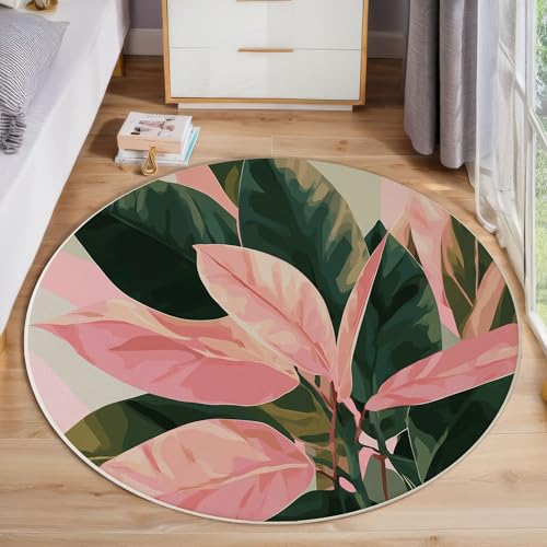 ZISTRCBAO Grün-Rosa Blätter rutschfest Runder Teppich 160cm, Tropische Pflanzen Runder Teppich Wohnzimmer, Rosa Dekoration Weich Waschbar Für Zuhause Bodenmatte Schlafzimmer Dekorativer von ZISTRCBAO