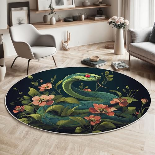 ZISTRCBAO Grüne Schlange Blumen Runder Teppich, Tier Realistisch Runde, Weich Waschbar rutschfest Wohnzimmer Schlafzimmer Nachttisch Restaurant Korridor Fußmatte (80cm, Grün) von ZISTRCBAO