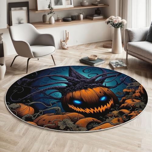 ZISTRCBAO Gruseliger Kürbis rutschfest Runder Teppich 160cm, Halloween Runder Teppich Wohnzimmer, Orange Dekoration Teppiche Weich Waschbar Für Zuhause Bodenmatte Schlafzimmer Dekorativer Teppiche von ZISTRCBAO