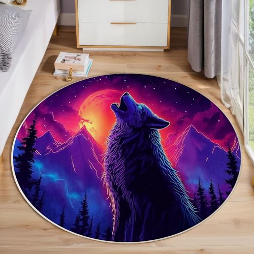 ZISTRCBAO Heulender Wolf Wald Berge Kurzflor Teppich Rund, Fantasy-Kunst Wohnzimmerteppich, Lila Runder Teppich 120cm Round Eingangsbereich Waschbar Weich for Wohnzimmer Schlafzimmer Studie Heimbüro von ZISTRCBAO