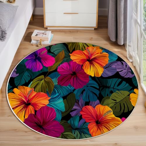 ZISTRCBAO Hibiskus Monstera Kurzflor Teppich Rund, Tropische Blumen Wohnzimmerteppich, Orange Runder Teppich 60cm Round Eingangsbereich Waschbar Weich for Wohnzimmer Schlafzimmer Studie Heimbüro von ZISTRCBAO
