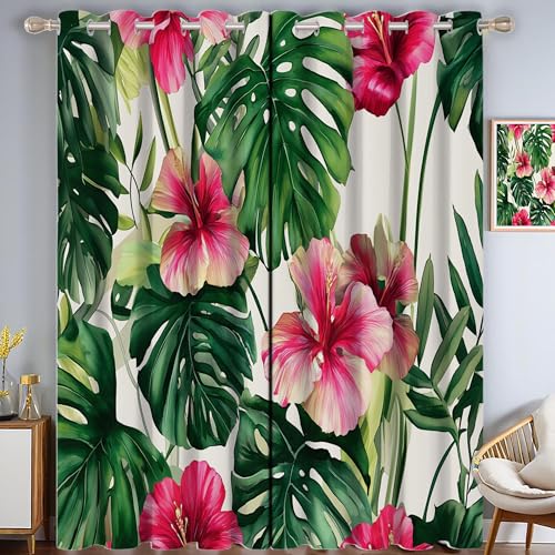 ZISTRCBAO Hibiskuspalmenblätter Verdunkelungsvorhänge, Aquarellpflanzen Thermisch Isoliert Fensterbehandlung Vorhänge Für Wohnzimmer Dekoration, Grün 2 Paneele H213xB66cm von ZISTRCBAO