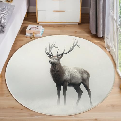 ZISTRCBAO Hirsch Rund Teppich Kurzflor, Tierische Nahaufnahme Ultradünner Waschbarer Runder Teppich Für Den Innen Und Außenbereich Schlafzimmer Wohnzimmer Terrasse Garten 160cm, Grau von ZISTRCBAO