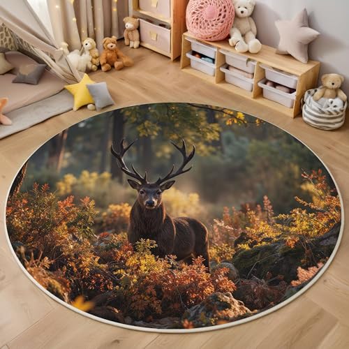 ZISTRCBAO Hirschwald Kurzflor Teppich Rund, Vintage Tiere Wohnzimmerteppich, Gold Runder Teppich 120cm Round Eingangsbereich Waschbar Weich for Wohnzimmer Schlafzimmer Studie Heimbüro ZISTRCBAO Hirschwald Kurzflor Teppich Rund, Vintage Tiere Wohnzimmerteppich, Gold Runder Teppich 120cm Round Eingangsbereich Waschbar Weich for Wohnzimmer Schlafzimmer Studie Heimbüro von ZISTRCBAO