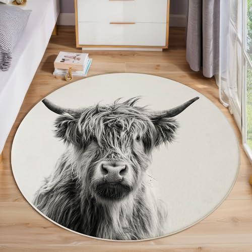 ZISTRCBAO Hochrinder rutschfest Runder Teppich 160cm, Tierportrait Runder Teppich Wohnzimmer, Grau Dekoration Teppiche Weich Waschbar Für Zuhause Bodenmatte Schlafzimmer Dekorativer Teppiche von ZISTRCBAO