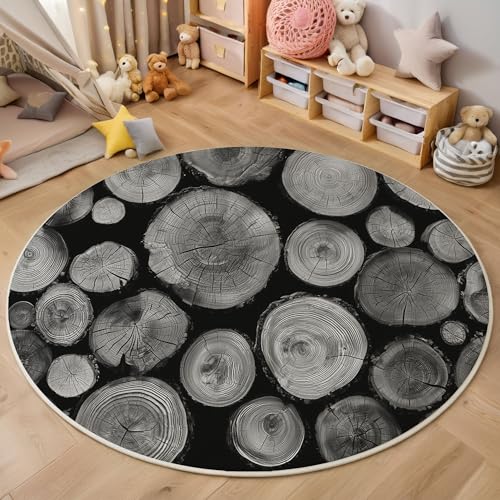ZISTRCBAO Holzspanstruktur Runder Teppich, Vintage Abstrakt Runde Teppiche, Weich Waschbar rutschfest Wohnzimmer Schlafzimmer Nachttisch Restaurant Korridor Fußmatte Teppiche (100cm, Schwarz) von ZISTRCBAO