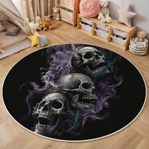 ZISTRCBAO Horror-Schädel rutschfest Runder Teppich 120cm, Gotisch Runder Teppich Wohnzimmer, Schwarz Dekoration Teppiche Weich Waschbar Für Zuhause Bodenmatte Schlafzimmer Dekorativer Teppiche von ZISTRCBAO