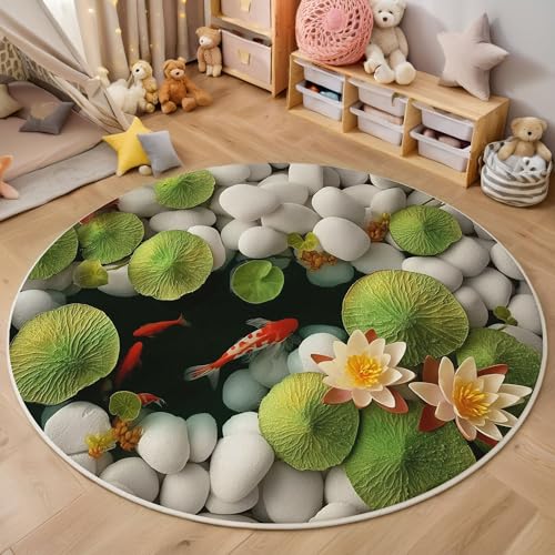 ZISTRCBAO Kieselsteine Lotusblatt Kurzflor Teppich Rund, Zen-Stil Wohnzimmerteppich, Grün Runder Teppich 160cm Round Eingangsbereich Waschbar Weich for Wohnzimmer Schlafzimmer Studie Heimbüro von ZISTRCBAO