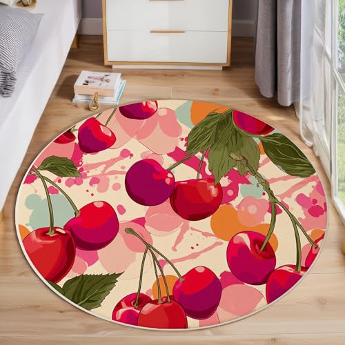 ZISTRCBAO Kirschfrucht Runder Teppich, Moderne Kunst Runde Teppiche, Weich Waschbar rutschfest Wohnzimmer Schlafzimmer Nachttisch Restaurant Korridor Fußmatte Teppiche (100cm, Rot) von ZISTRCBAO