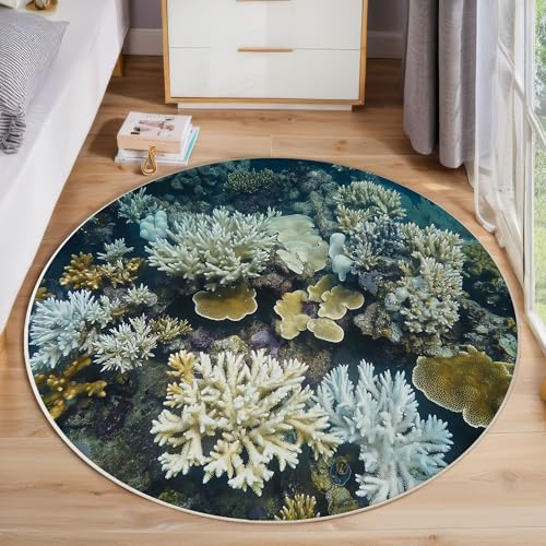 ZISTRCBAO Korallenriff Runder Teppich, Meerespflanzen Runde, Weich Waschbar rutschfest Wohnzimmer Schlafzimmer Nachttisch Restaurant Korridor Fußmatte (80cm, Hellblau) von ZISTRCBAO