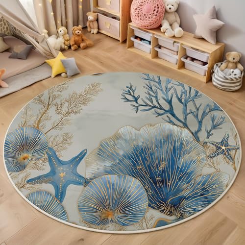 ZISTRCBAO Korallenriff Seestern Runder Teppich, Aquarell Meerestiere Runde Teppiche, Weich Waschbar rutschfest Wohnzimmer Schlafzimmer Nachttisch Restaurant Korridor Fußmatte Teppiche (80cm, Blau) von ZISTRCBAO